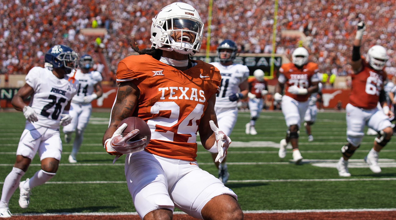 Texas Longhorns running back Jonathon Brooks (24) runs into the end zone for a touch down in the first quarter against the Rice Owls of an NCAA college football game, Saturday, Sept. 2, 2023, in Austin, Texas.  